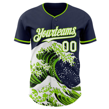 Custom Navy White-Neon Green Japanese Wave 3D Pattern Design Authentic Baseball Jersey