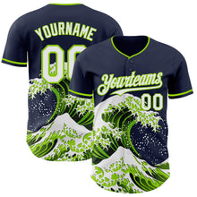 Load image into Gallery viewer, Custom Navy White-Neon Green Japanese Wave 3D Pattern Design Authentic Baseball Jersey
