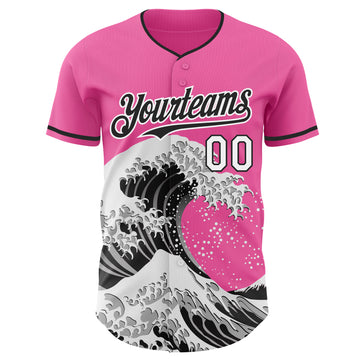 Custom Pink Black-White Japanese Wave 3D Pattern Design Authentic Baseball Jersey