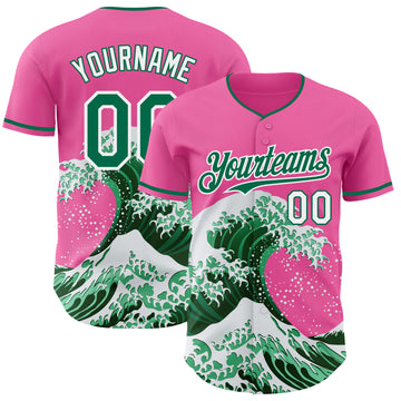Custom Pink Kelly Green-White Japanese Wave 3D Pattern Design Authentic Baseball Jersey