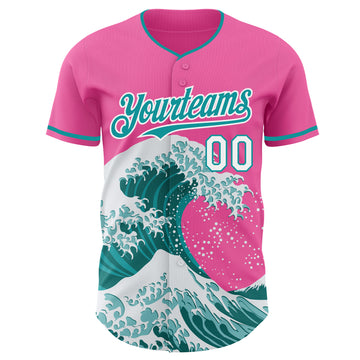 Custom Pink Teal-White Japanese Wave 3D Pattern Design Authentic Baseball Jersey
