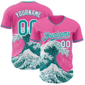 Custom Pink Teal-White Japanese Wave 3D Pattern Design Authentic Baseball Jersey
