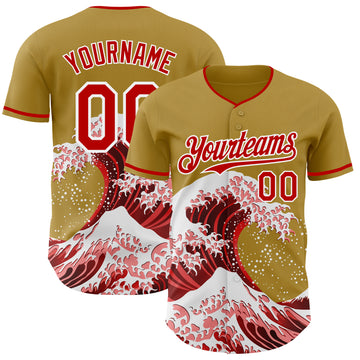 Custom Old Gold Red-White Japanese Wave 3D Pattern Design Authentic Baseball Jersey