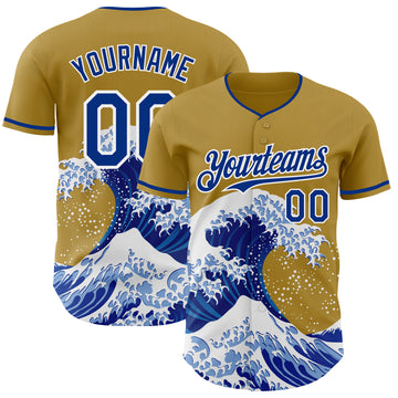Custom Old Gold Royal-White Japanese Wave 3D Pattern Design Authentic Baseball Jersey