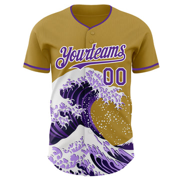 Custom Old Gold Purple-White Japanese Wave 3D Pattern Design Authentic Baseball Jersey