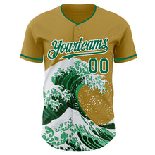 Charger l'image dans la galerie, Custom Old Gold Kelly Green-White Japanese Wave 3D Pattern Design Authentic Baseball Jersey
