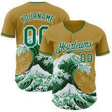 Charger l'image dans la galerie, Custom Old Gold Kelly Green-White Japanese Wave 3D Pattern Design Authentic Baseball Jersey

