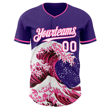 Custom Purple White-Pink Japanese Wave 3D Pattern Design Authentic Baseball Jersey
