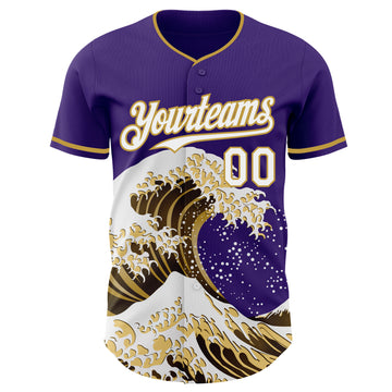 Custom Purple White-Old Gold Japanese Wave 3D Pattern Design Authentic Baseball Jersey