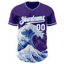 Load image into Gallery viewer, Custom Purple White-Light Blue Japanese Wave 3D Pattern Design Authentic Baseball Jersey
