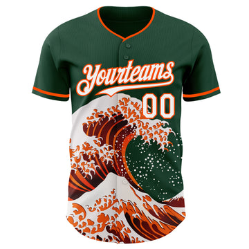 Custom Green White-Orange Japanese Wave 3D Pattern Design Authentic Baseball Jersey