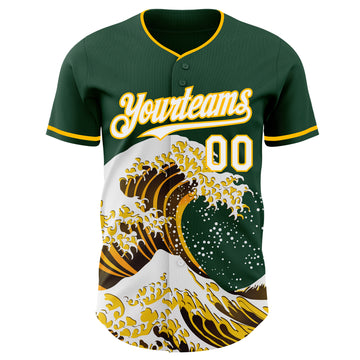 Custom Green White-Gold Japanese Wave 3D Pattern Design Authentic Baseball Jersey