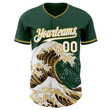 Custom Green White-Old Gold Japanese Wave 3D Pattern Design Authentic Baseball Jersey