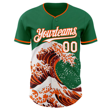 Custom Kelly Green White-Orange Japanese Wave 3D Pattern Design Authentic Baseball Jersey