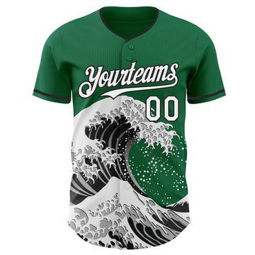 Custom Kelly Green White-Black Japanese Wave 3D Pattern Design Authentic Baseball Jersey