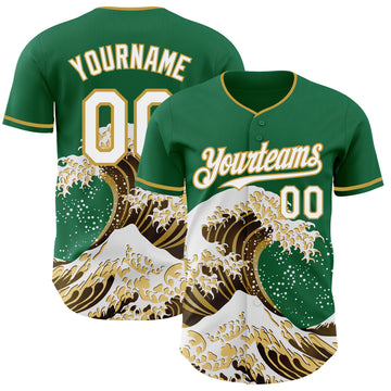 Custom Kelly Green White-Old Gold Japanese Wave 3D Pattern Design Authentic Baseball Jersey