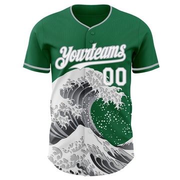 Custom Kelly Green White-Gray Japanese Wave 3D Pattern Design Authentic Baseball Jersey