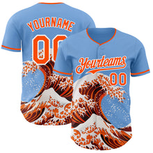 Load image into Gallery viewer, Custom Light Blue Orange-White Japanese Wave 3D Pattern Design Authentic Baseball Jersey
