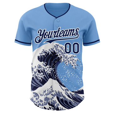 Custom Light Blue Navy-White Japanese Wave 3D Pattern Design Authentic Baseball Jersey
