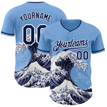 Custom Light Blue Navy-White Japanese Wave 3D Pattern Design Authentic Baseball Jersey