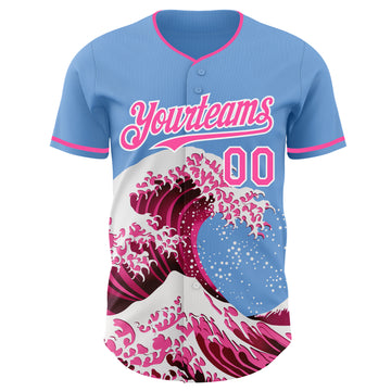 Custom Light Blue Pink-White Japanese Wave 3D Pattern Design Authentic Baseball Jersey