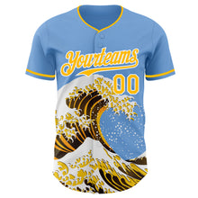 Load image into Gallery viewer, Custom Light Blue Gold-White Japanese Wave 3D Pattern Design Authentic Baseball Jersey
