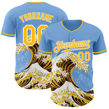 Load image into Gallery viewer, Custom Light Blue Gold-White Japanese Wave 3D Pattern Design Authentic Baseball Jersey
