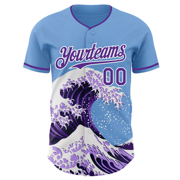Custom Light Blue Purple-White Japanese Wave 3D Pattern Design Authentic Baseball Jersey