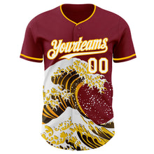 Laden Sie das Bild in den Galerie-Viewer, Custom Crimson White-Gold Japanese Wave 3D Pattern Design Authentic Baseball Jersey
