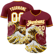 Laden Sie das Bild in den Galerie-Viewer, Custom Crimson White-Gold Japanese Wave 3D Pattern Design Authentic Baseball Jersey

