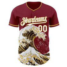 Laden Sie das Bild in den Galerie-Viewer, Custom Crimson White-Old Gold Japanese Wave 3D Pattern Design Authentic Baseball Jersey
