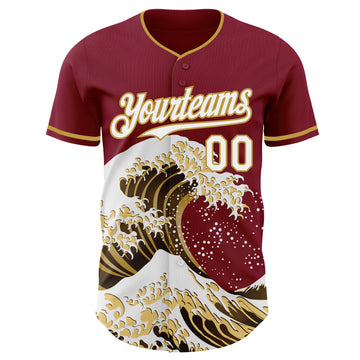 Custom Crimson White-Old Gold Japanese Wave 3D Pattern Design Authentic Baseball Jersey