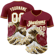 Laden Sie das Bild in den Galerie-Viewer, Custom Crimson White-Old Gold Japanese Wave 3D Pattern Design Authentic Baseball Jersey
