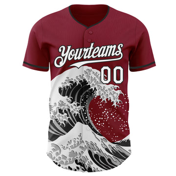 Custom Crimson White-Black Japanese Wave 3D Pattern Design Authentic Baseball Jersey