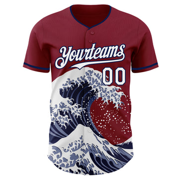 Custom Crimson White-Navy Japanese Wave 3D Pattern Design Authentic Baseball Jersey