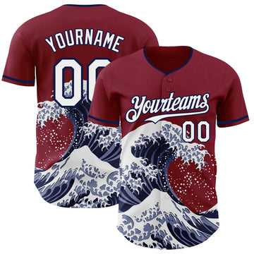 Custom Crimson White-Navy Japanese Wave 3D Pattern Design Authentic Baseball Jersey