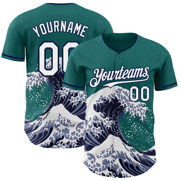 Custom Teal White-Navy Japanese Wave 3D Pattern Design Authentic Baseball Jersey