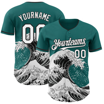 Custom Teal White-Black Japanese Wave 3D Pattern Design Authentic Baseball Jersey