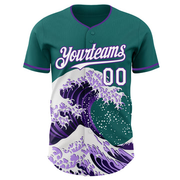 Custom Teal White-Purple Japanese Wave 3D Pattern Design Authentic Baseball Jersey