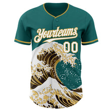 Laden Sie das Bild in den Galerie-Viewer, Custom Teal White-Old Gold Japanese Wave 3D Pattern Design Authentic Baseball Jersey
