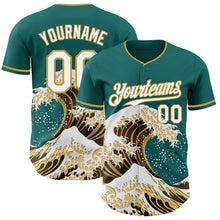 Laden Sie das Bild in den Galerie-Viewer, Custom Teal White-Old Gold Japanese Wave 3D Pattern Design Authentic Baseball Jersey
