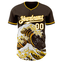 Laden Sie das Bild in den Galerie-Viewer, Custom Brown White-Gold Japanese Wave 3D Pattern Design Authentic Baseball Jersey
