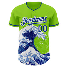 Charger l'image dans la galerie, Custom Neon Green Royal-White Japanese Wave 3D Pattern Design Authentic Baseball Jersey

