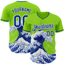Charger l'image dans la galerie, Custom Neon Green Royal-White Japanese Wave 3D Pattern Design Authentic Baseball Jersey
