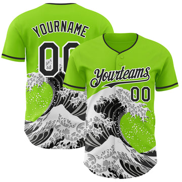 Custom Neon Green Black-White Japanese Wave 3D Pattern Design Authentic Baseball Jersey