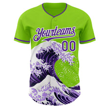 Load image into Gallery viewer, Custom Neon Green Purple-White Japanese Wave 3D Pattern Design Authentic Baseball Jersey
