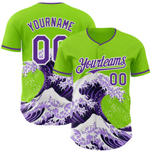 Load image into Gallery viewer, Custom Neon Green Purple-White Japanese Wave 3D Pattern Design Authentic Baseball Jersey
