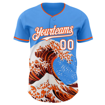 Custom Electric Blue White-Orange Japanese Wave 3D Pattern Design Authentic Baseball Jersey