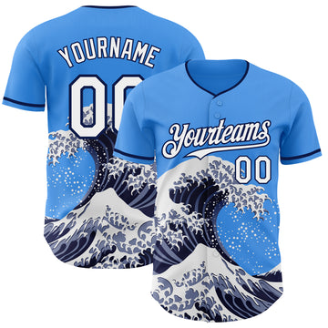 Custom Electric Blue White-Navy Japanese Wave 3D Pattern Design Authentic Baseball Jersey