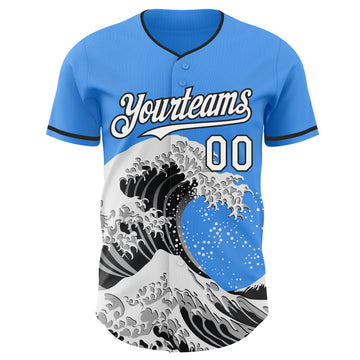 Custom Electric Blue White-Black Japanese Wave 3D Pattern Design Authentic Baseball Jersey
